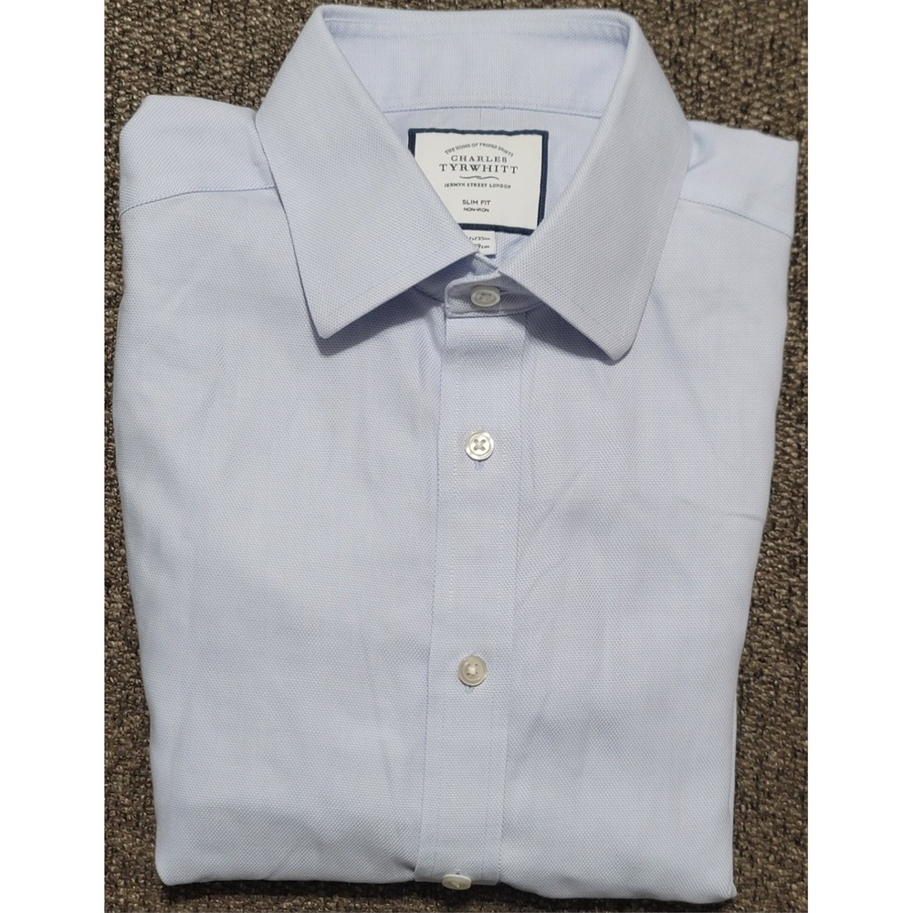 Charles‎ Tyrwhitt Men's Blue FC Slim Fit Non-Iron Dress Shirt Size 16.5 X 35